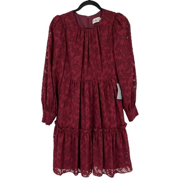 Eliza J Dress floral long sleeve tiered dark red size 2 - Picture 2 of 7